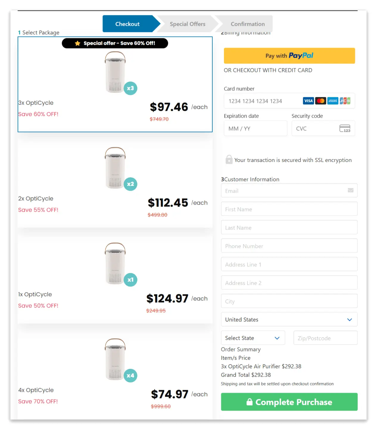OptiCycle secure checkout page